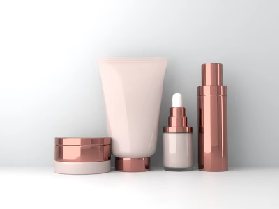 Chic Perfume Cosmetics Set With Pink Copper Lotion Serum Bottles And Cream Jars 3d model