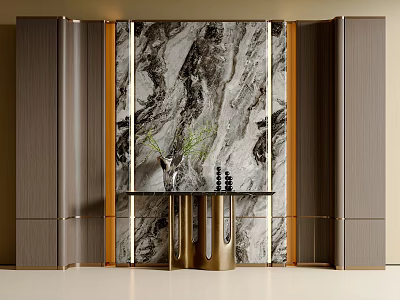 Modern Entryway Design with Marble Accent Wall Wooden Panels Gold Accents and Console Table Vase 3d model