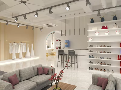 Modern Clothing Store Interior With Clothing Displays Shoe Shelves Sofa Seating And Bar Counter 3d model