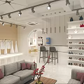 Modern Clothing Store Interior With Clothing Displays Shoe Shelves Sofa Seating And Bar Counter
