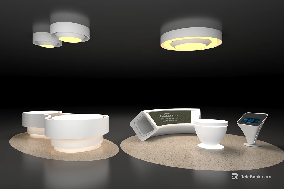 White Bathroom Fixtures With Smart Display And Ceiling Lights On Black Background 3d model
