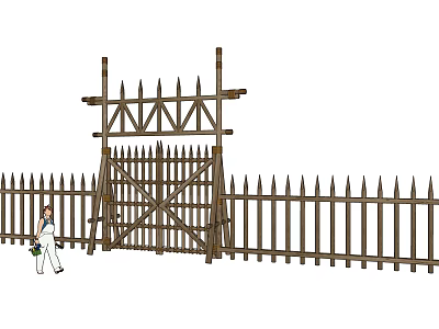 Traditional Wooden Fence With Pointed Tops And Gate Structure In Construction Scene 3d model