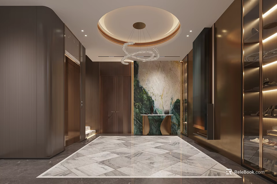 Modern Elevator Lobby Interior Design With Marble Floor Chandelier Decorative Wall And Wooden Doors 3d model 