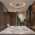 Modern Elevator Lobby Interior Design With Marble Floor Chandelier Decorative Wall And Wooden Doors