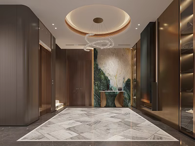 Modern Elevator Lobby Interior Design With Marble Floor Chandelier Decorative Wall And Wooden Doors 3d model