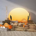 Artistic Autumn Market With Sunset Backdrop Pumpkins Cacti And Wooden Tables