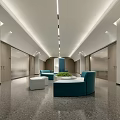 Modern Reception Desk In Lobby With Marble Counter Bookshelves And Spacious Corridor