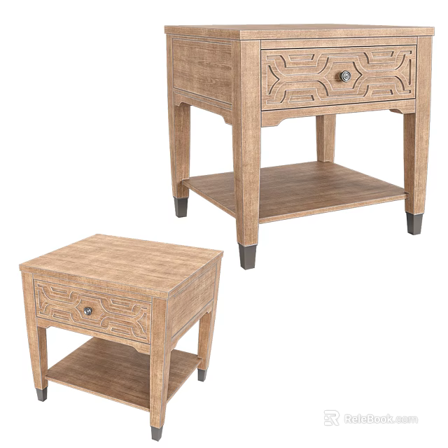 Light Wood Bedside Tables With Carved Details Drawer Shelf And Black Legs 3d model 