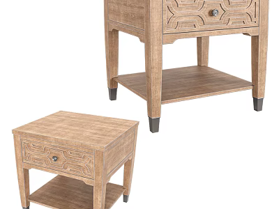 Light Wood Bedside Tables With Carved Details Drawer Shelf And Black Legs 3d model
