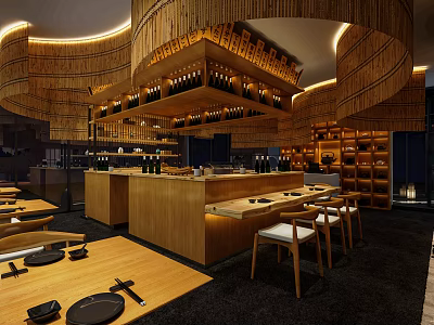 Modern Wooden Restaurant Interior With Curved Decor Bar Counter Wine Racks And Dining Tables 3d model