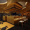 Modern Wooden Restaurant Interior With Curved Decor Bar Counter Wine Racks And Dining Tables