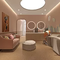 Pink Themed Baby Care Room With Round Mirrors Cartoon Decor And Changing Station