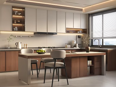 Elegant Modern Restaurant Open Kitchen Interior With Island Counter And Cabinets 3d model