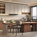 Elegant Modern Restaurant Open Kitchen Interior With Island Counter And Cabinets