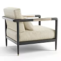Modern Beige Fabric Lounge Chair With Black Wooden Frame And Wooden Armrests