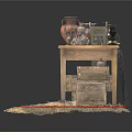 Vintage Daily Living Items On Wooden Table With Ceramic Vases And Straw Rug