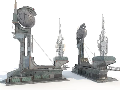 Cartoon Scene Of Two Industrial Towers With Spherical Tops Antennas And Metal Details 3d model