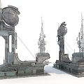 Cartoon Scene Of Two Industrial Towers With Spherical Tops Antennas And Metal Details