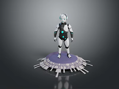 Game Movie Robot Character With White Black Body Blue Circular Accents And Purple Radial Platform 3d model
