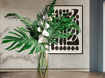 Transparent Glass Vase With White Orchids Large Green Leaves And Abstract Art On Textured Wall 3d model