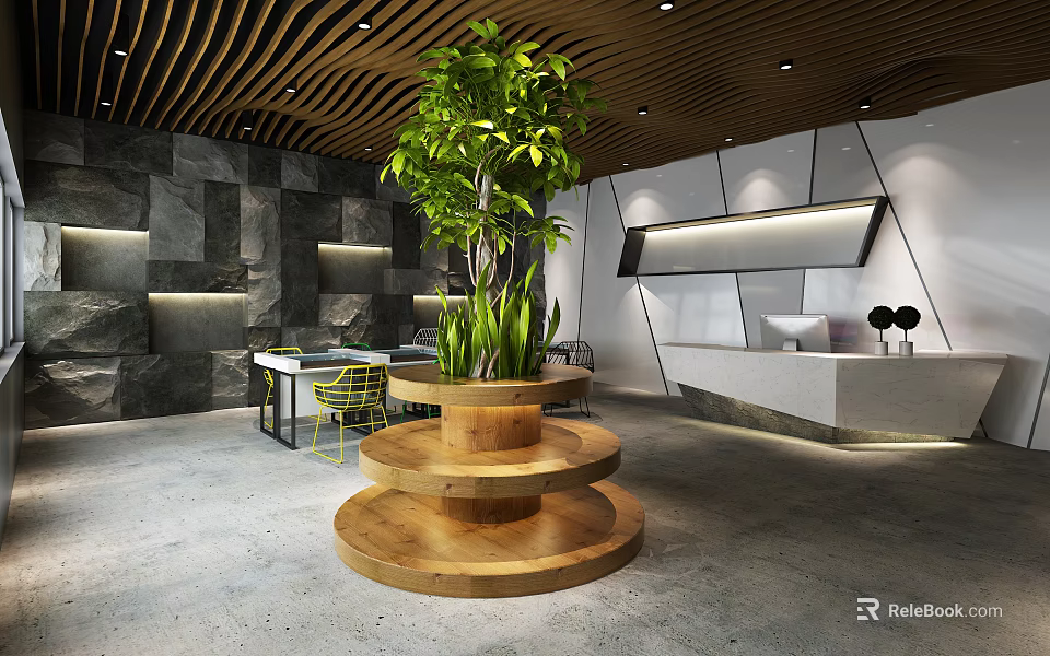Modern Reception Area Featuring Three Tiered Wooden Planter Green Plant Stone Wall and Wooden Ceiling 3d model 