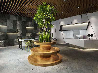 Modern Reception Area Featuring Three Tiered Wooden Planter Green Plant Stone Wall and Wooden Ceiling 3d model