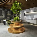 Modern Reception Area Featuring Three Tiered Wooden Planter Green Plant Stone Wall and Wooden Ceiling