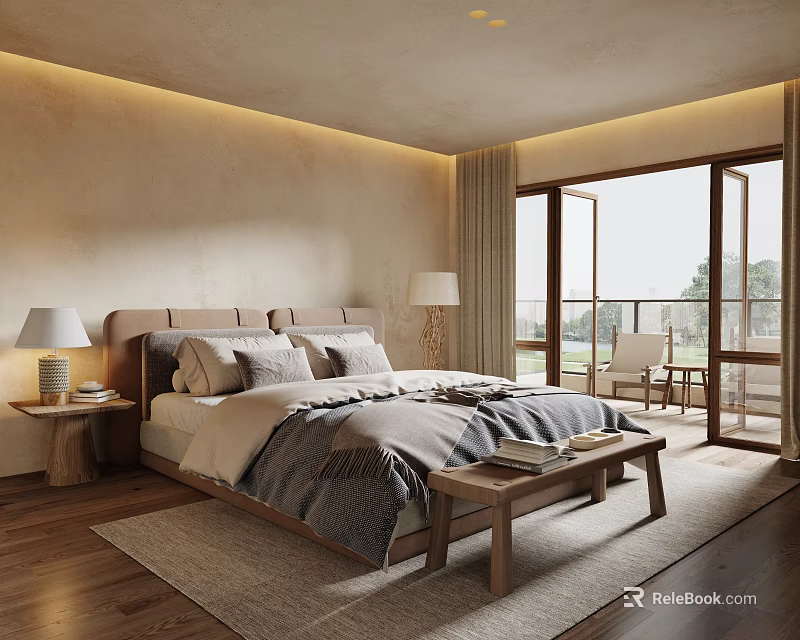 Hotel Guest Room with Comfortable Bed Wooden Headboard Plush Pillows Floor-to-Ceiling Windows Balcony Scenic View 3d model 