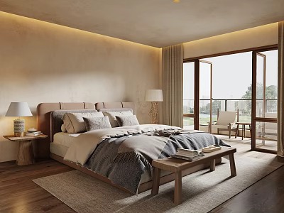 Hotel Guest Room with Comfortable Bed Wooden Headboard Plush Pillows Floor-to-Ceiling Windows Balcony Scenic View 3d model