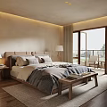 Hotel Guest Room with Comfortable Bed Wooden Headboard Plush Pillows Floor-to-Ceiling Windows Balcony Scenic View