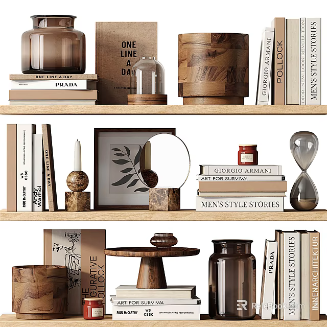 Decorative Ornament Set with Wooden Jars Glass Cloche Hourglass Books Photo Frame for Home Shelf 3d model 