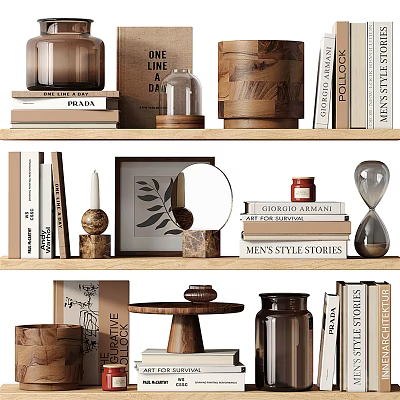 Decorative Ornament Set with Wooden Jars Glass Cloche Hourglass Books Photo Frame for Home Shelf 3d model
