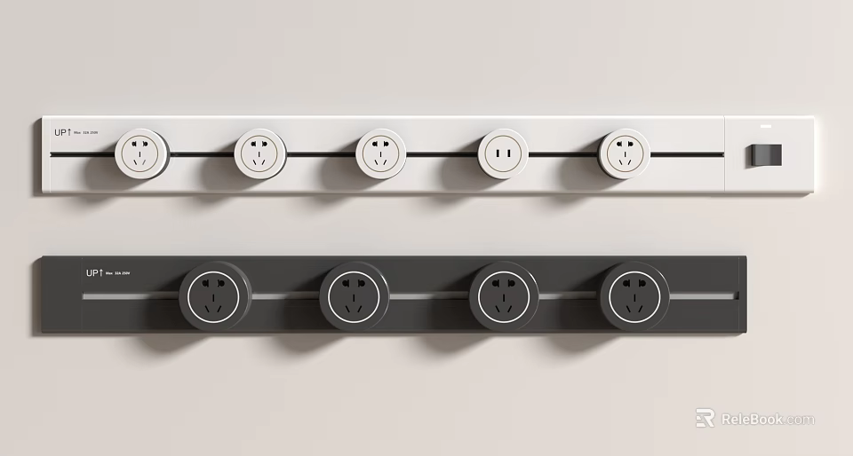 Modern Switch Panel With Neatly Arranged White And Dark Design Including Multiple Switches And Sockets 3d model 