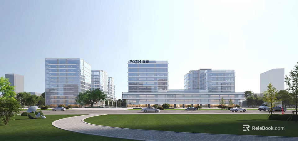 Modern Office Building Complex With Glass Facade Green Lawn And Parking Area Featuring Cars 3d model 
