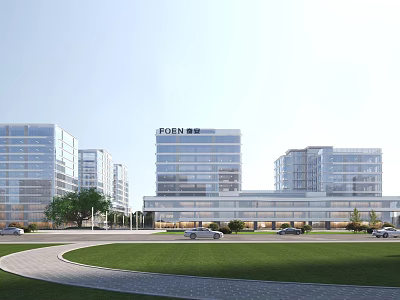 Modern Office Building Complex With Glass Facade Green Lawn And Parking Area Featuring Cars 3d model