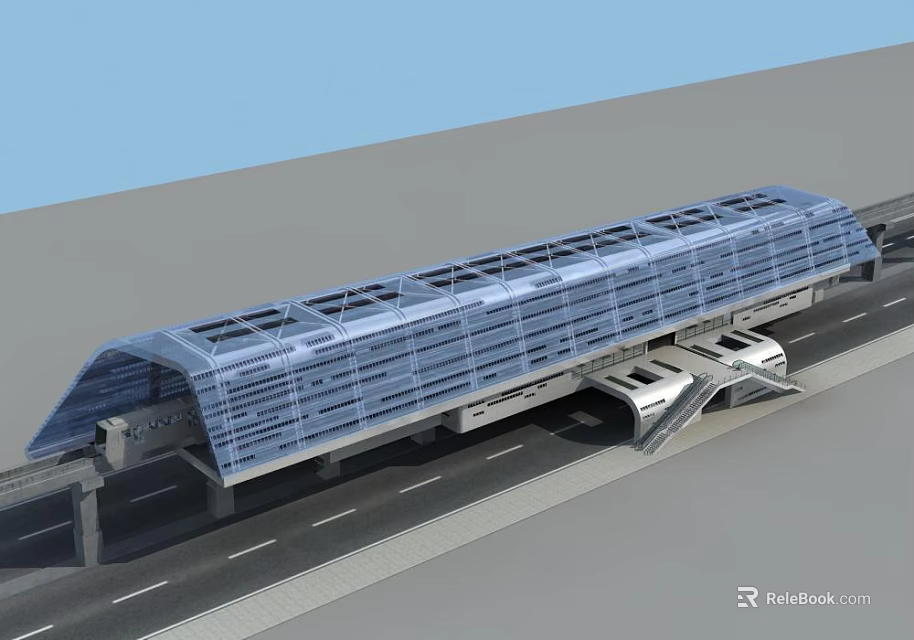 Modern Blue Roof Transportation Structure With Metal Frame Over Roadway 3d model 