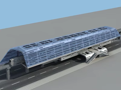 Modern Blue Roof Transportation Structure With Metal Frame Over Roadway 3d model