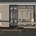 Modern Walk-in Closet with Wooden Cabinets Hanging Clothes Mirror and Storage Boxes