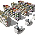 Supermarket Display Shelves with Multiple Layers Arranged Products and Checkout Counters 3d model