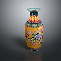 Traditional Yellow Decorative Vase With Blue Accents And Floral Patterns