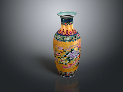 Traditional Yellow Decorative Vase With Blue Accents And Floral Patterns 3d model