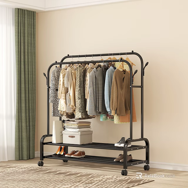 Black Clothes Rack With Hanging Garments And Lower Shelf Holding Shoes Storage Box And Books 3d model 