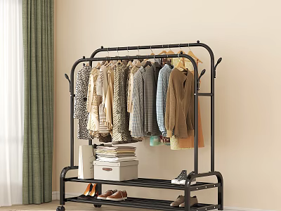 Black Clothes Rack With Hanging Garments And Lower Shelf Holding Shoes Storage Box And Books 3d model