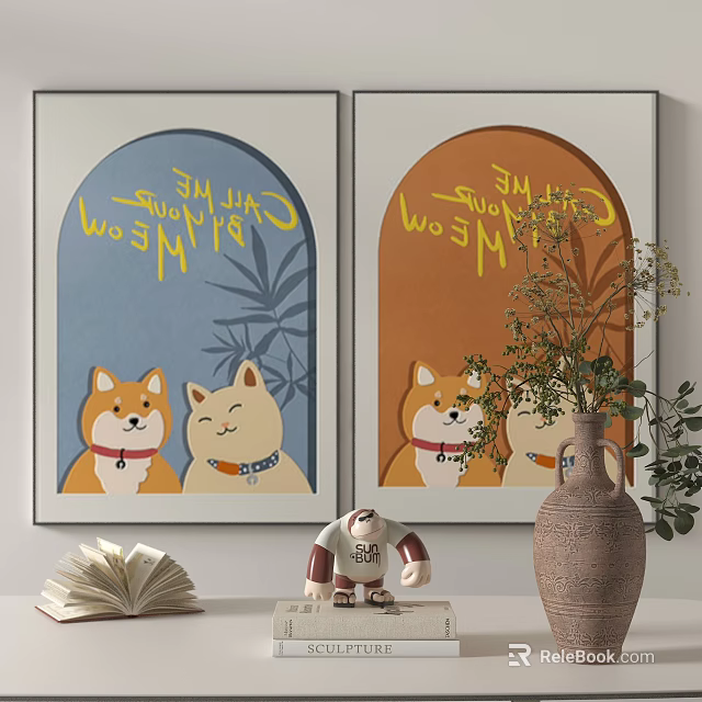 Shiba Inu Posters Blue Orange Background Yellow Text Small Toy Open Book Vase And Plants 3d model 