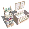 Pink Baby Crib with Shelves Toys Books and Ballerina Wall Art