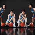 Female basketball players in blue WINGS jerseys holding basketballs posing together in black studio
