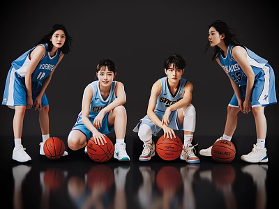 Female basketball players in blue WINGS jerseys holding basketballs posing together in black studio 3d model