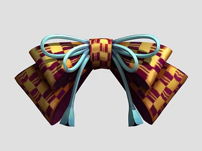 Decorative Bow With Yellow Red Purple Checkered Pattern And Light Blue Ribbon 3d model
