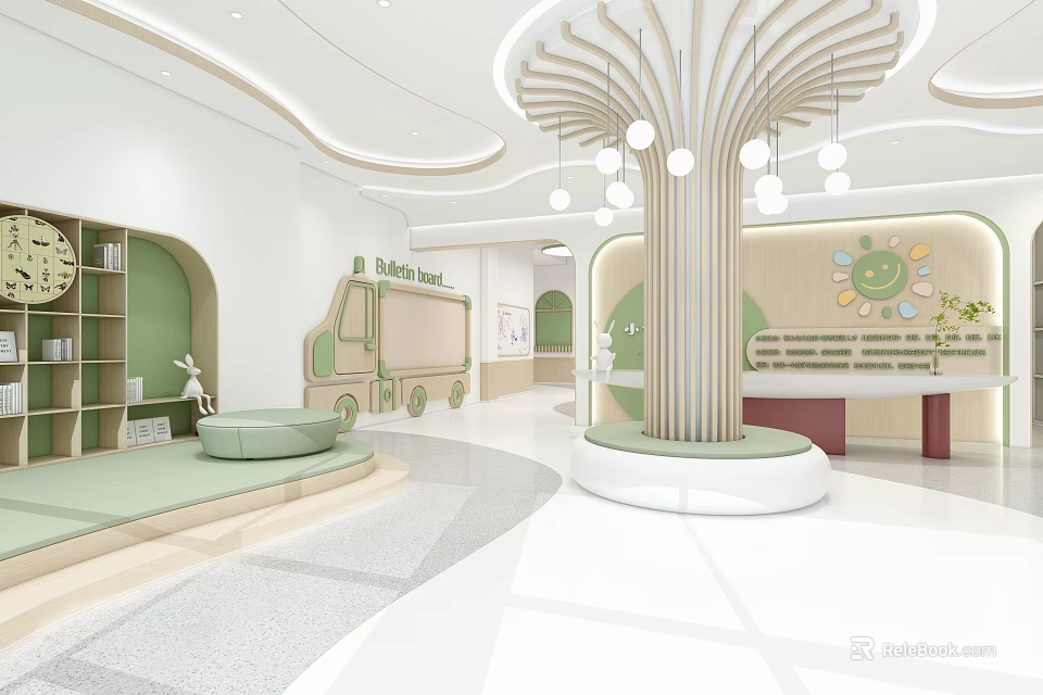 Bright Modern Kindergarten Interior Featuring Tree Decoration And Book Bus 3d model 