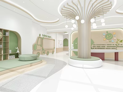 Bright Modern Kindergarten Interior Featuring Tree Decoration And Book Bus 3d model